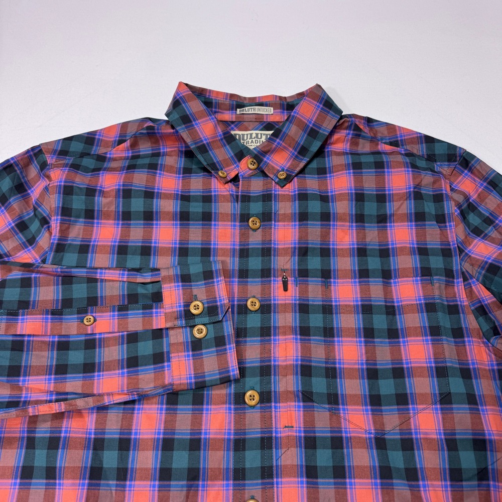 Duluth Trading Co Untucked Slim Fit Shirt Mens L Tall Plaid Button Down Cotton
